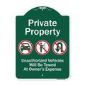 Signmission Private Property Unauthorized Vehicles Towed No Cars No Solicitors No Turn Around Sym, GW-1824-9914 A-DES-GW-1824-9914